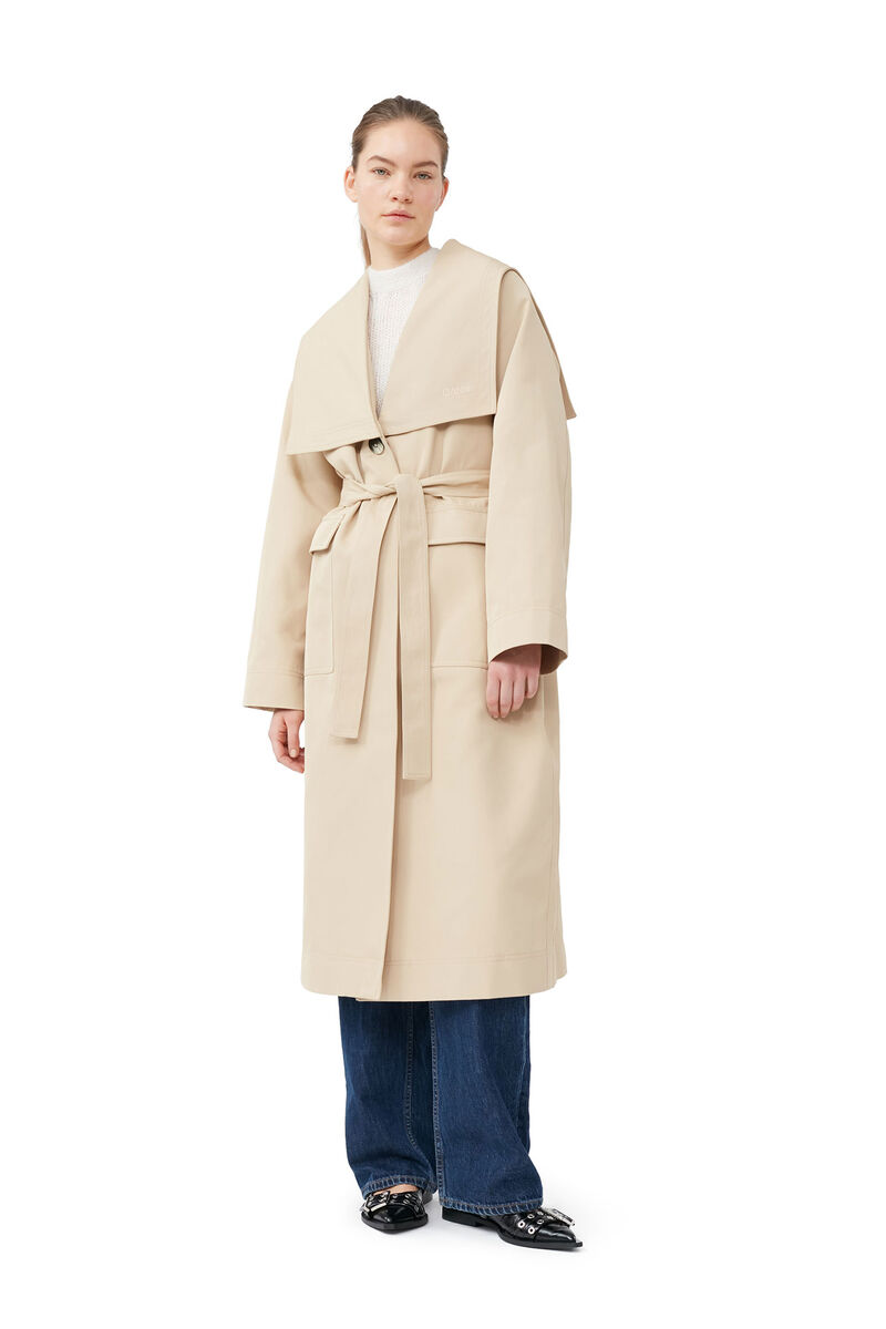 Heavy Twill Oversized Trench Coat, Recycled Polyester, in colour Pale Khaki - 1 - GANNI