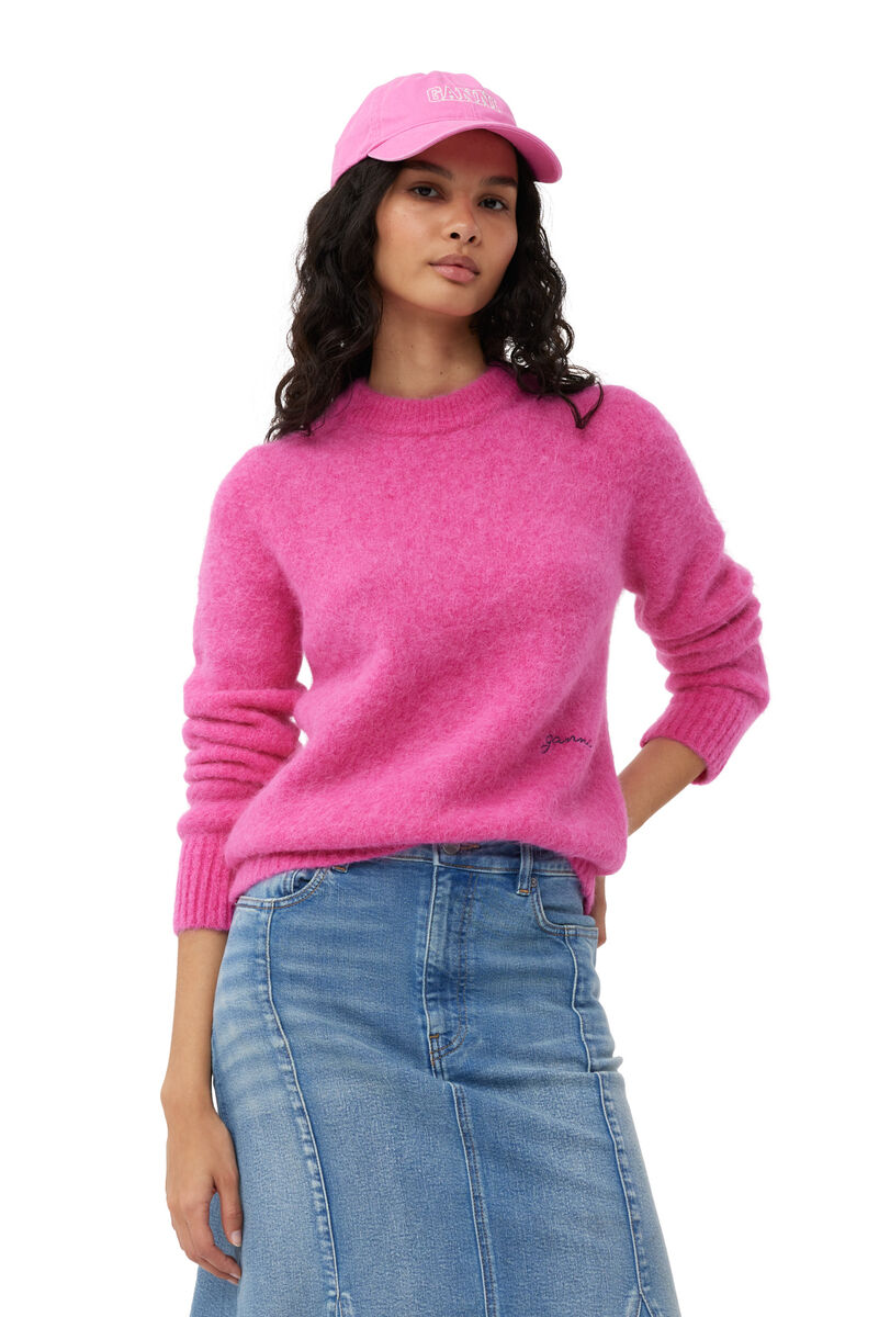 Pink Brushed Alpaca O-Neck Sweater, Alpaca, in colour Cone Flower - 1 - GANNI