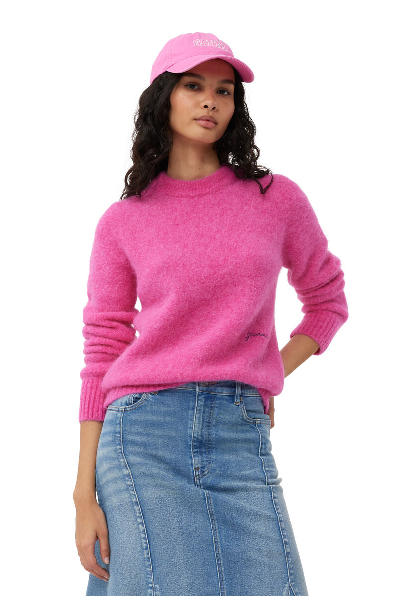 Pink Brushed Alpaca O-Neck Pullover, Alpaca, in colour Cone Flower - 1 - GANNI