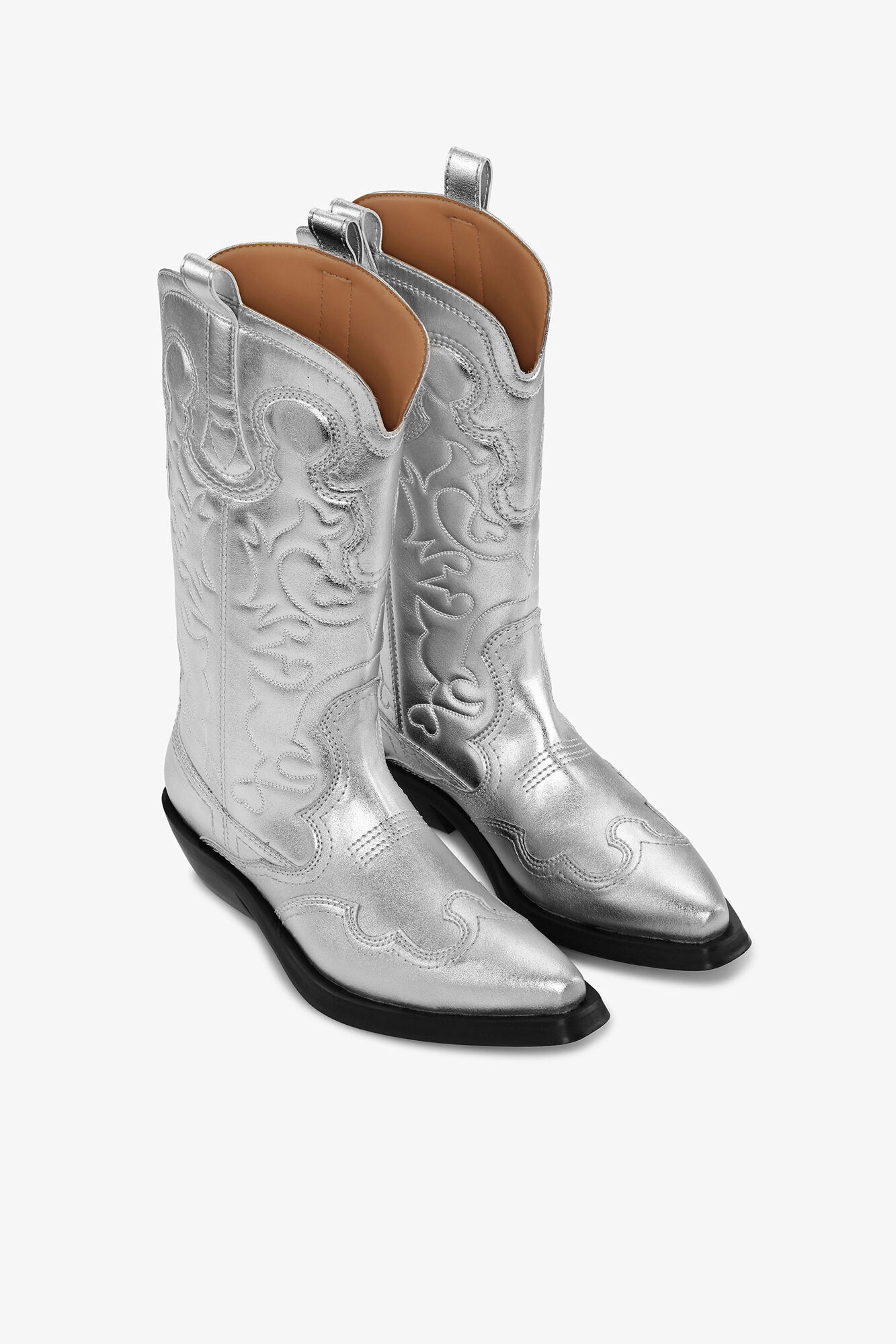 Silver Mid Shaft Embroidered Western Boots, Recycled Polyester, in colour Silver - 2 - GANNI