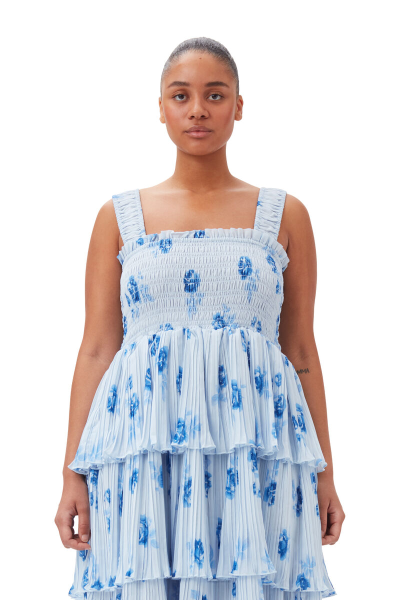 Blue Pleated Georgette Flounce Smock Kjole, Recycled Polyester, in colour Heather - 6 - GANNI