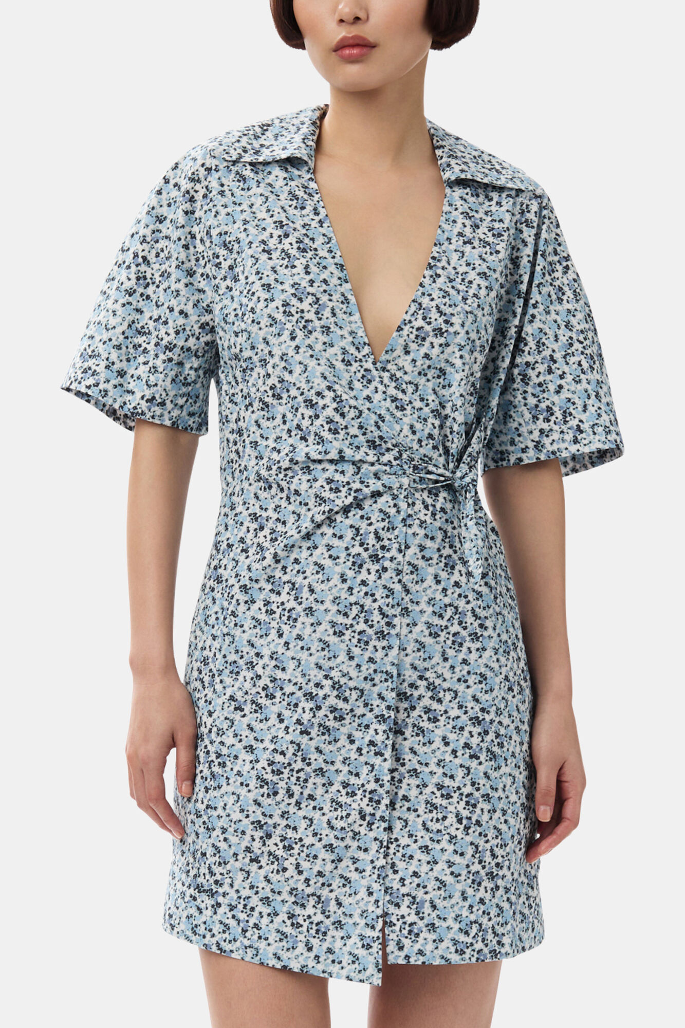Blue Floral Printed Cotton Wrap Mini Dress, Organic Cotton, in colour Glacier Lake - 2 - GANNI