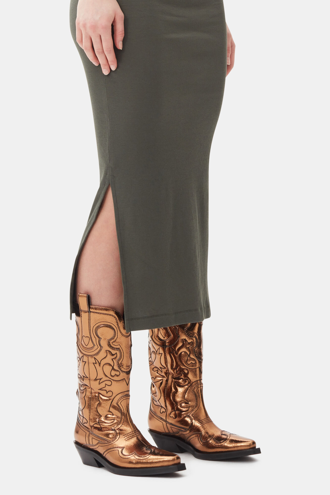 Gold Metallic Mid Shaft Embroidered Western Boots, Polyurethane, in colour Bronze - 1 - GANNI