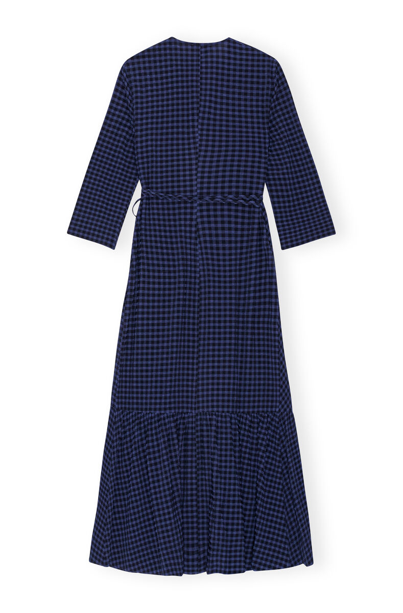 Blue Checkered Seersucker Gathered Midi Wrap Dress, Elastane, in colour Deep Cobalt - 2 - GANNI