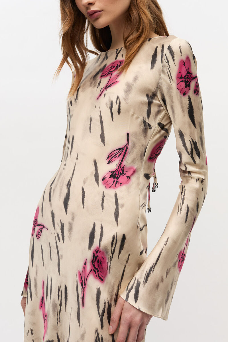 Floral Satin Maxi Dress, Viscose, in colour Egret - 3 - GANNI