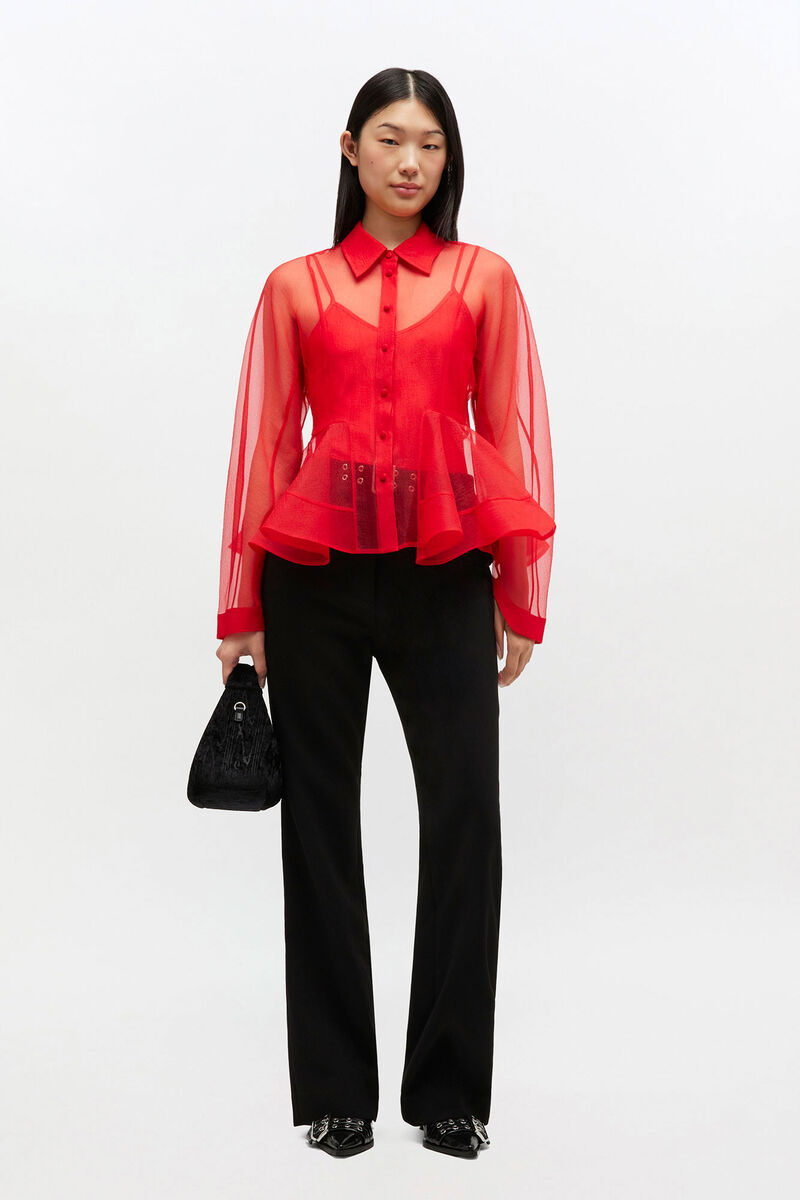 Rød peplumskjorte i organza, in colour Mars Red - 2 - GANNI