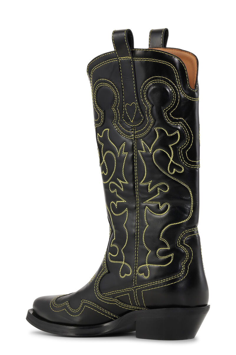 Black/Yellow Mid Shaft Embroidered Western Boots, Calf Leather, in colour Black - 2 - GANNI