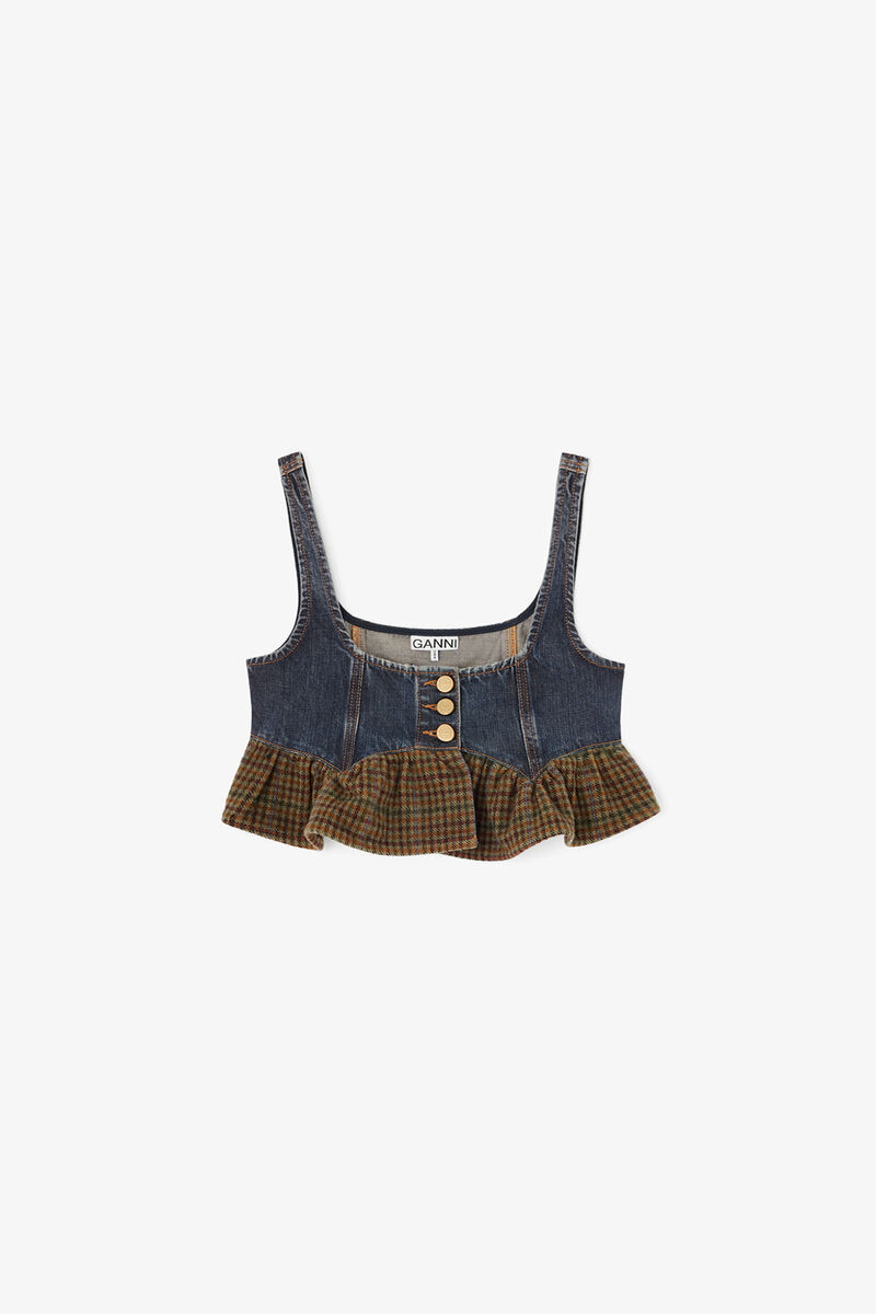 Top in Textured Slub Denim, Recycled Cotton, in colour Dark Blue Vintage - 1 - GANNI