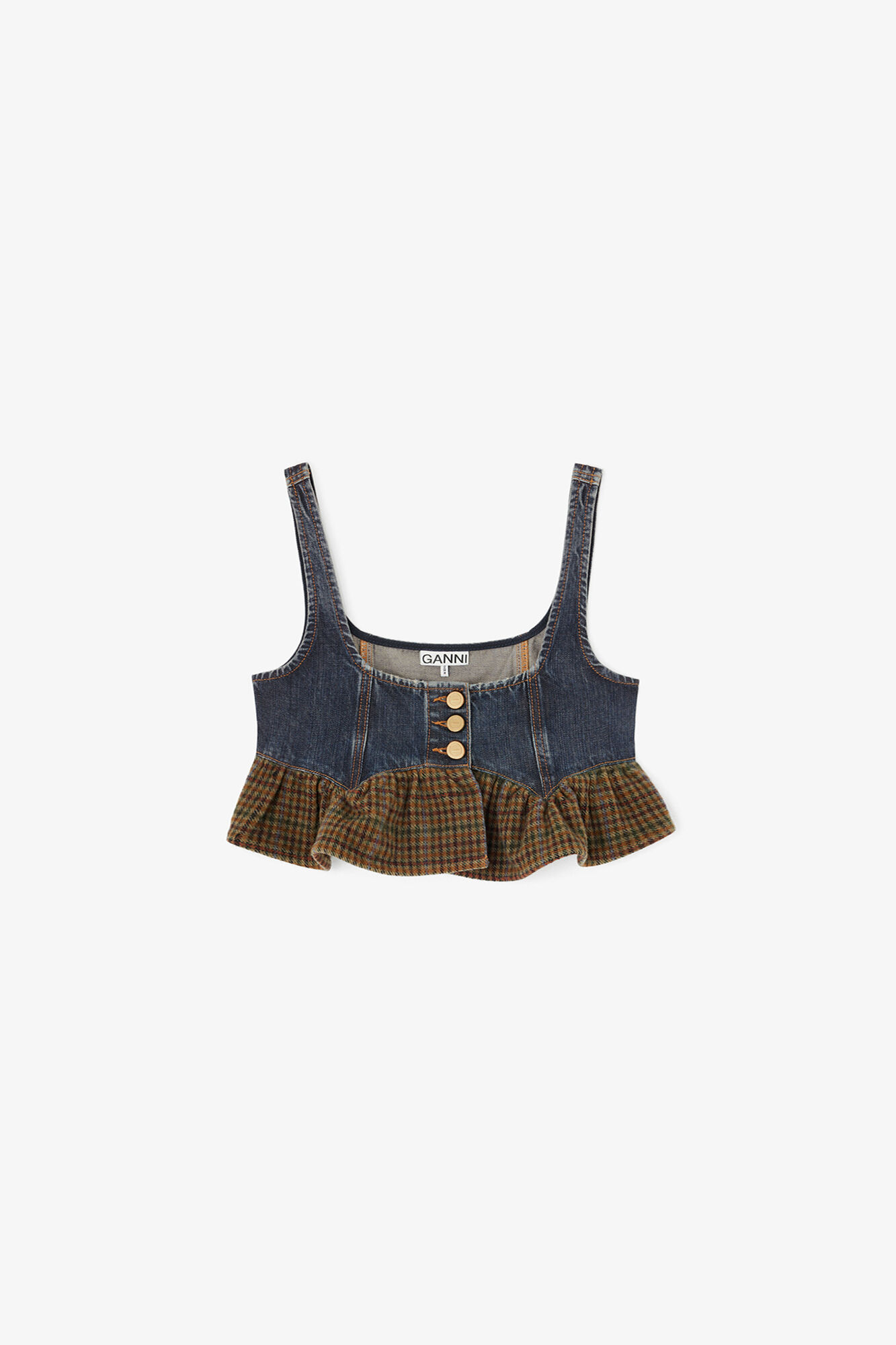 Top in Textured Slub Denim, Recycled Cotton, in colour Dark Blue Vintage - 1 - GANNI