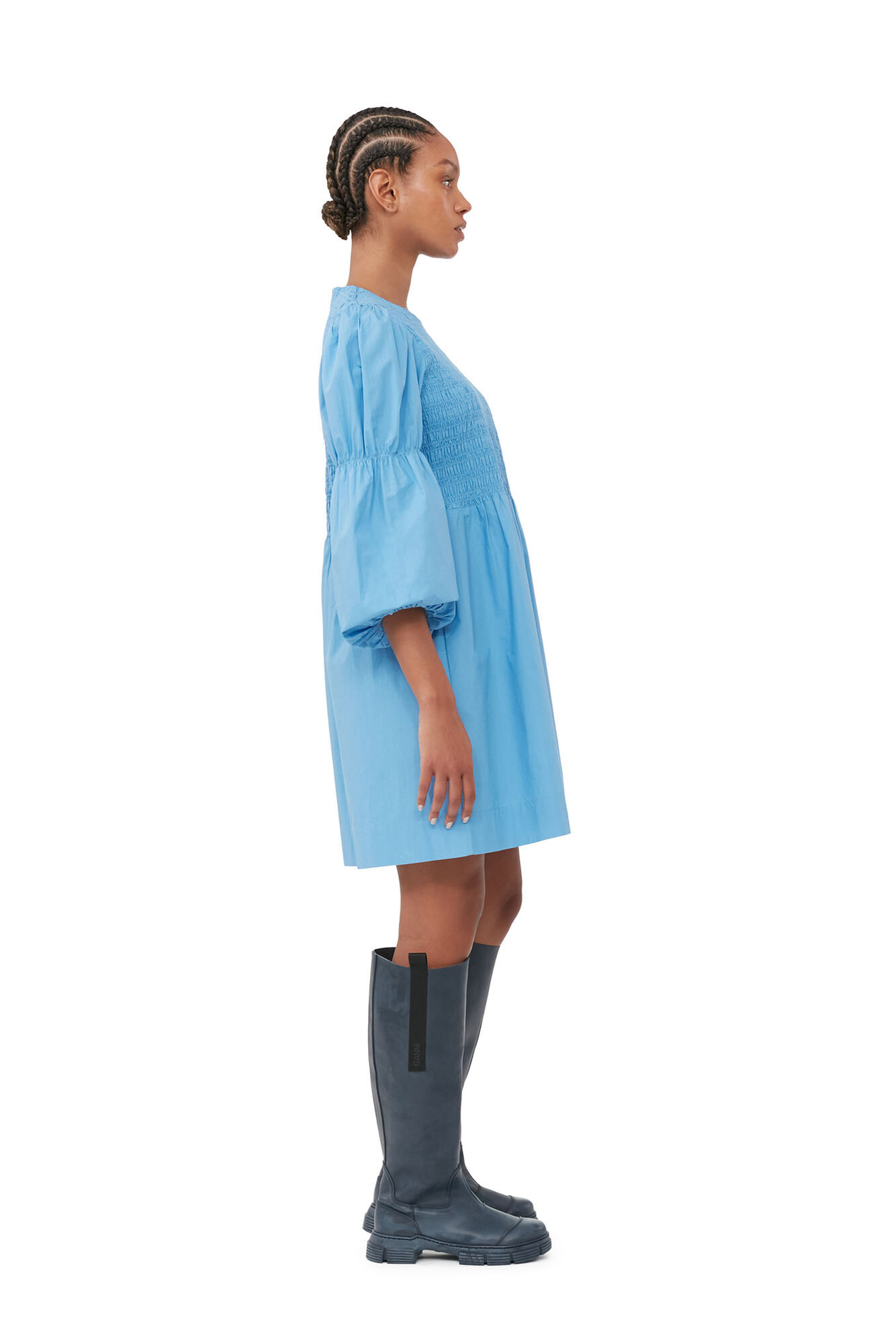 Blue Cotton Poplin Mini Smock Dress, Cotton, in colour Silver Lake Blue - 3 - GANNI