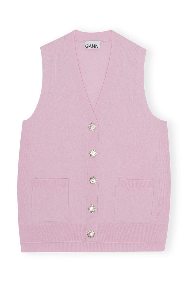 Cashmere Mix Button Vest, Cashmere, in colour Pink Tulle - 1 - GANNI