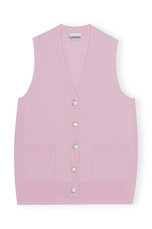 Ganni Sleeveless Cashmere Mix Button Vest In Pink Tulle