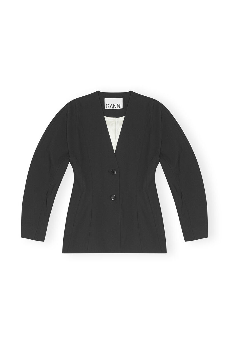Schwarzer, taillierter Melange-Blazer mit Drapierung, Elastane, in colour Black - 1 - GANNI