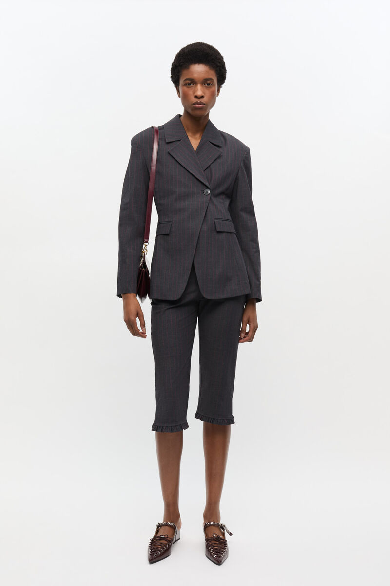 Black Pinstripe Blazer, Elastane, in colour Phantom - 2 - GANNI