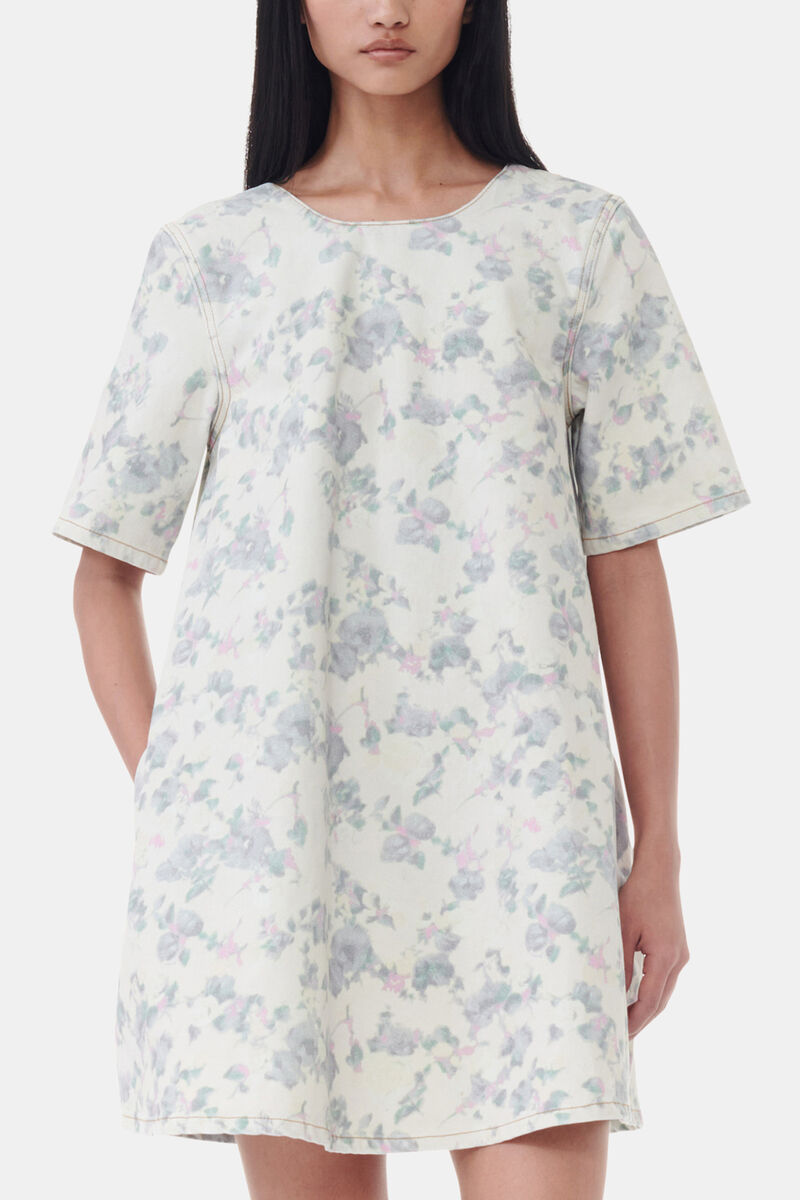 Floral Printed Denim Open Back Mini Dress, Organic Cotton, in colour Tofu - 2 - GANNI