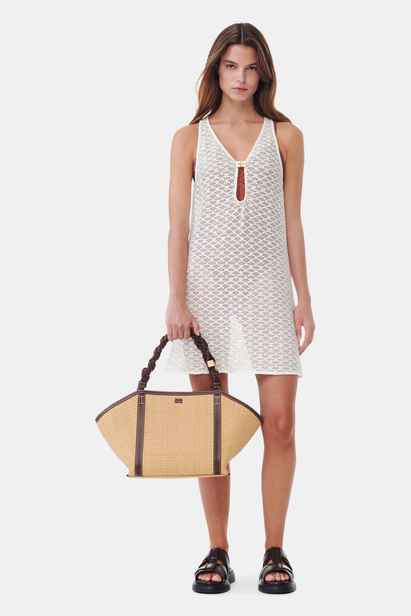 White Mesh Lace Mini Dress, Elastane, in colour Egret - 1 - GANNI
