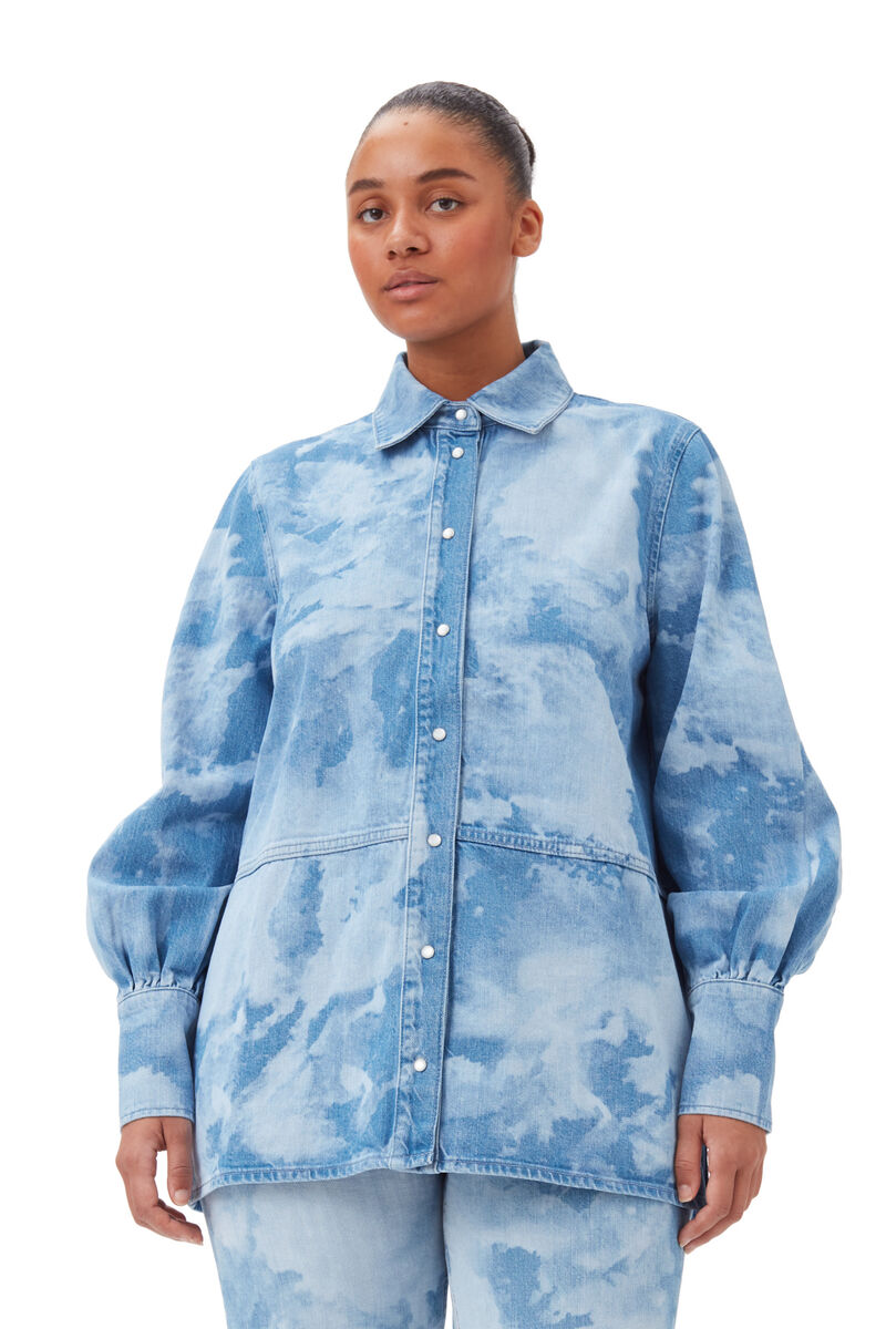 Blue Bleach Denim Shirt, Organic Cotton, in colour Light Blue Stone - 5 - GANNI