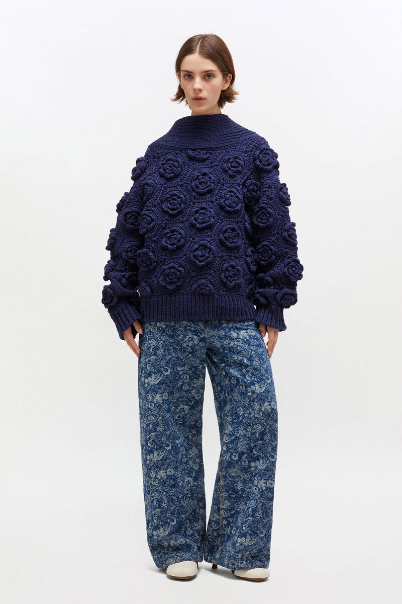 Dark Blue Flower Crochet Jumper, Wool, in colour Sky Captain - 1 - GANNI