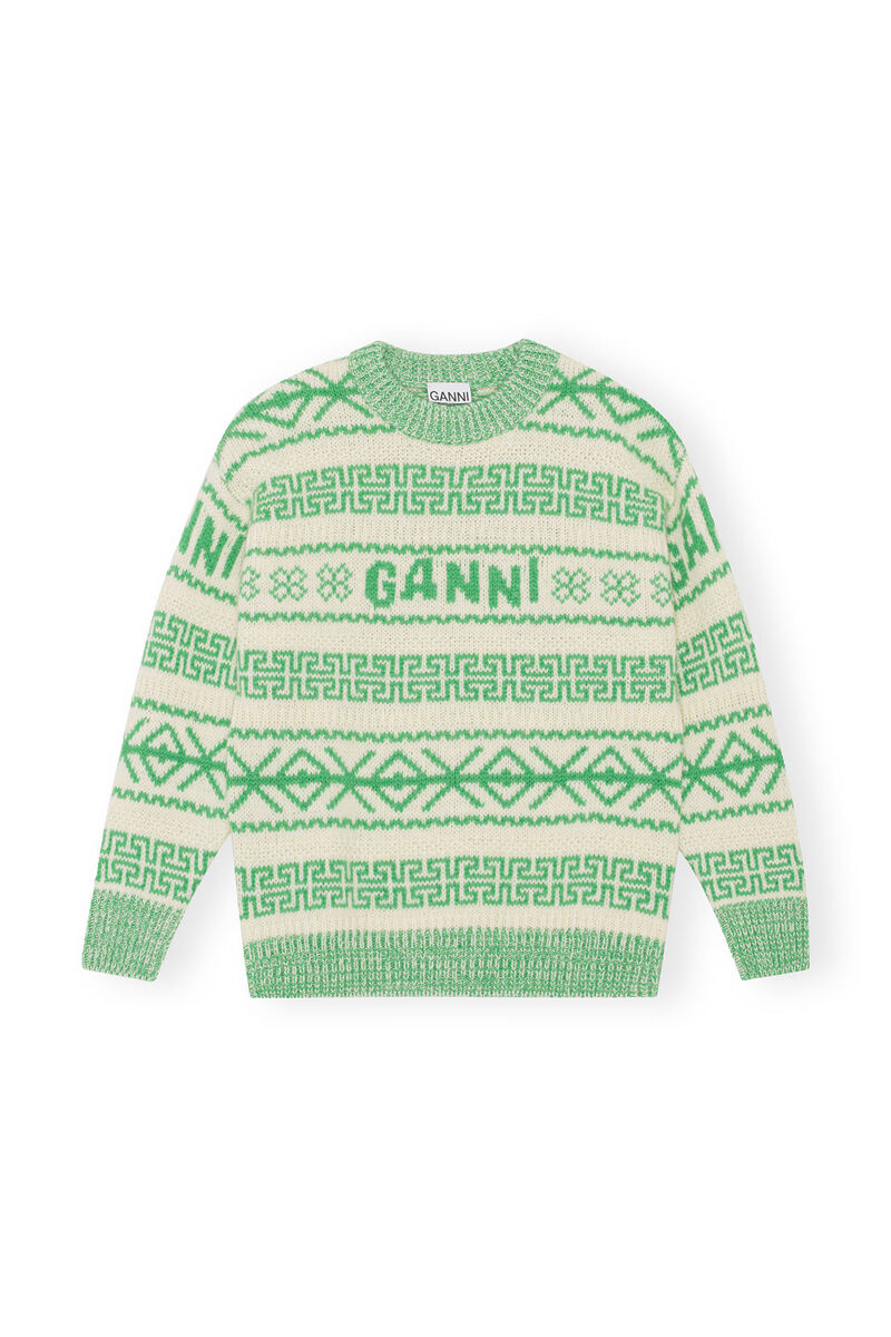 Green Wool Pullover, Organic Wool, in colour Egret - 1 - GANNI
