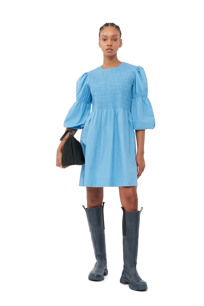 Blue Cotton Poplin Mini Smock Dress, Silver Lake Blue