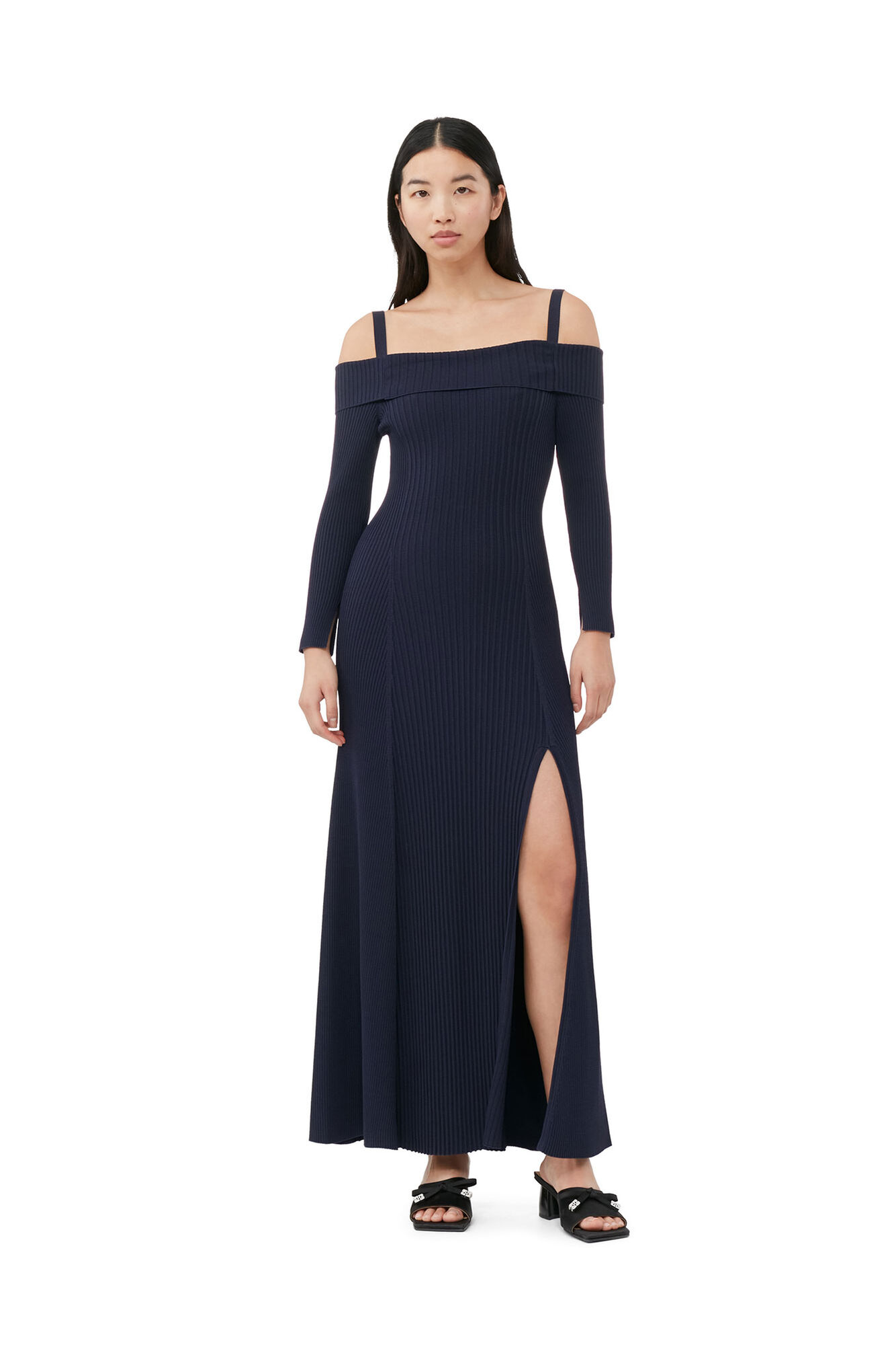 Ganni Blue Melange Knit Off Shoulder Maxi Dress