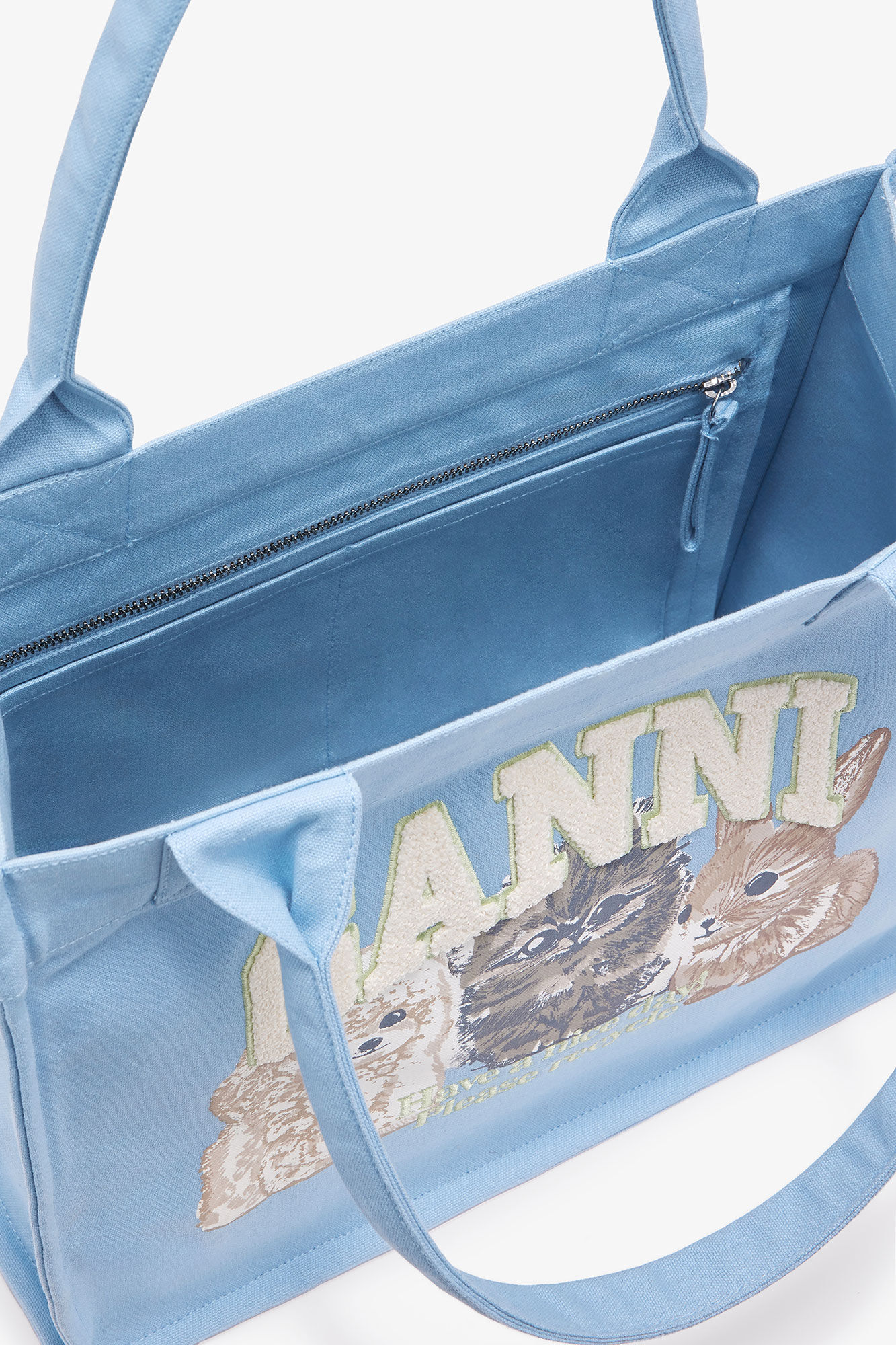Stor tote i blå med dyreprint, Recycled Cotton, in colour Soft Chambray - 3 - GANNI