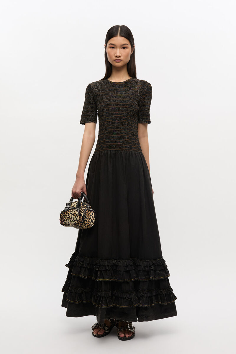 Schwarzes gewaschenes gesmoktes Kleid, Cotton, in colour Black - 1 - GANNI