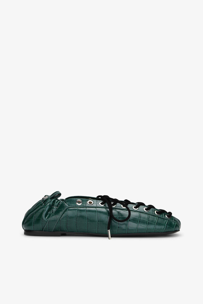 Lace-Up Ballerinas in Green Croco, Pineneedle