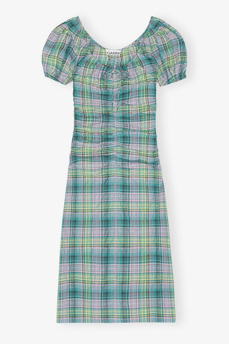Seersucker Check Gathered U-neck Midi Dress, Organic Cotton, in colour Lagoon - 1 - GANNI