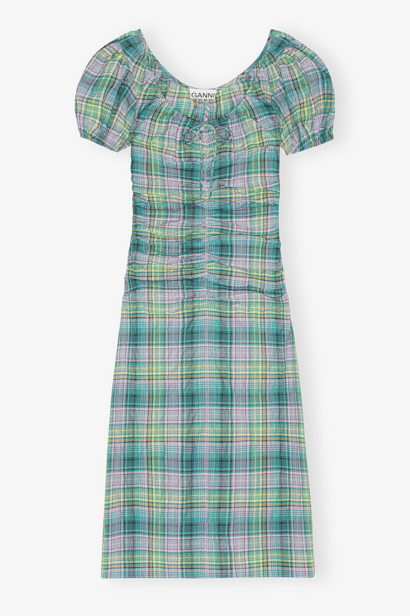 Seersucker Check Gathered U-neck Midi Dress, Organic Cotton, in colour Lagoon - 1 - GANNI