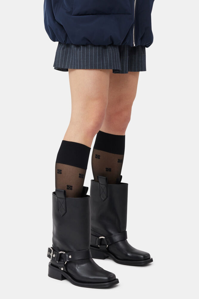 Black Mid Shaft Biker Boots, Black