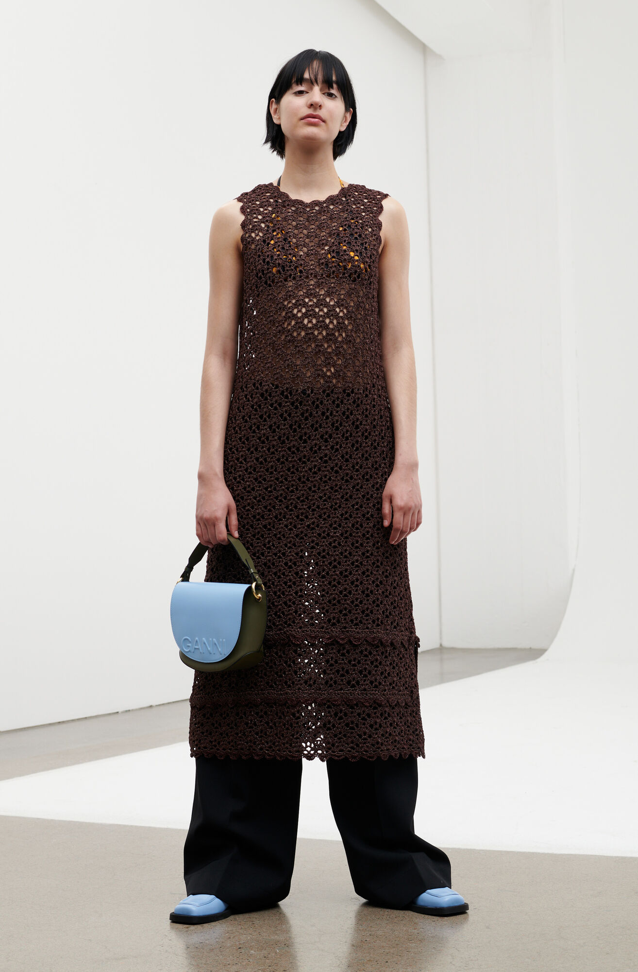 Metallic Crochet Open Back Dress, Nylon, in colour Mole - 1 - GANNI