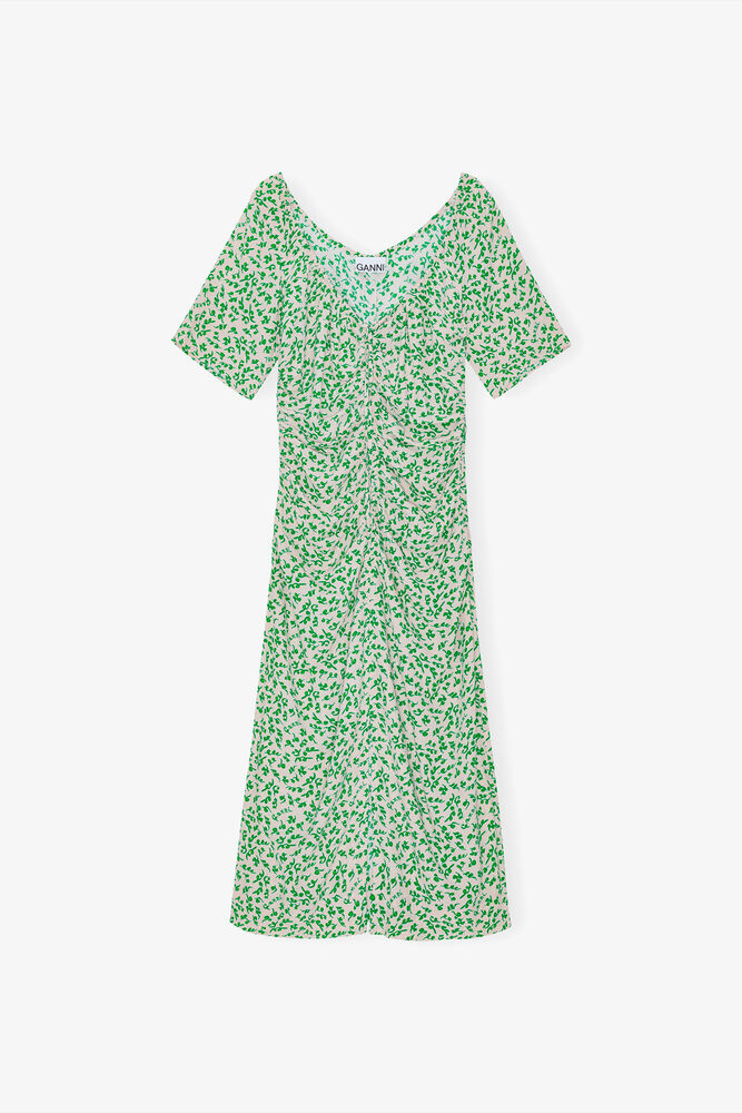 Printed Crepe U-neck Midi Dress, Tapioca