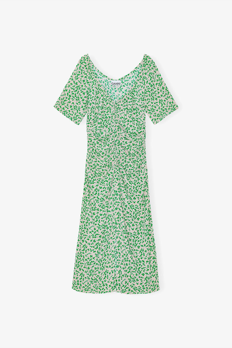 Midikjole i crepe med U-halsudsk&aelig;ring og print, Viscose, in colour Tapioca - 1 - GANNI