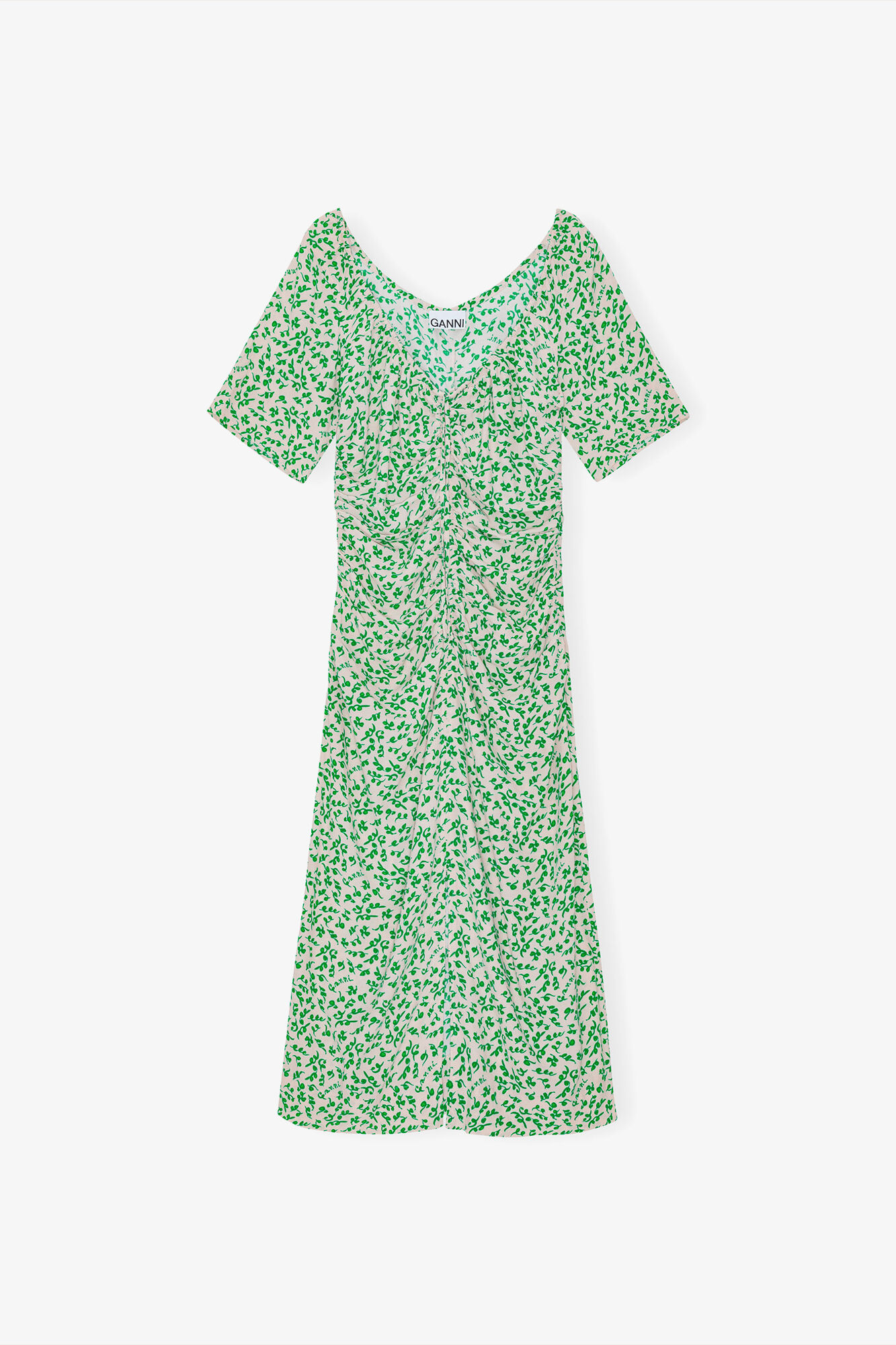 Midikjole i crepe med U-halsudsk&aelig;ring og print, Viscose, in colour Tapioca - 1 - GANNI
