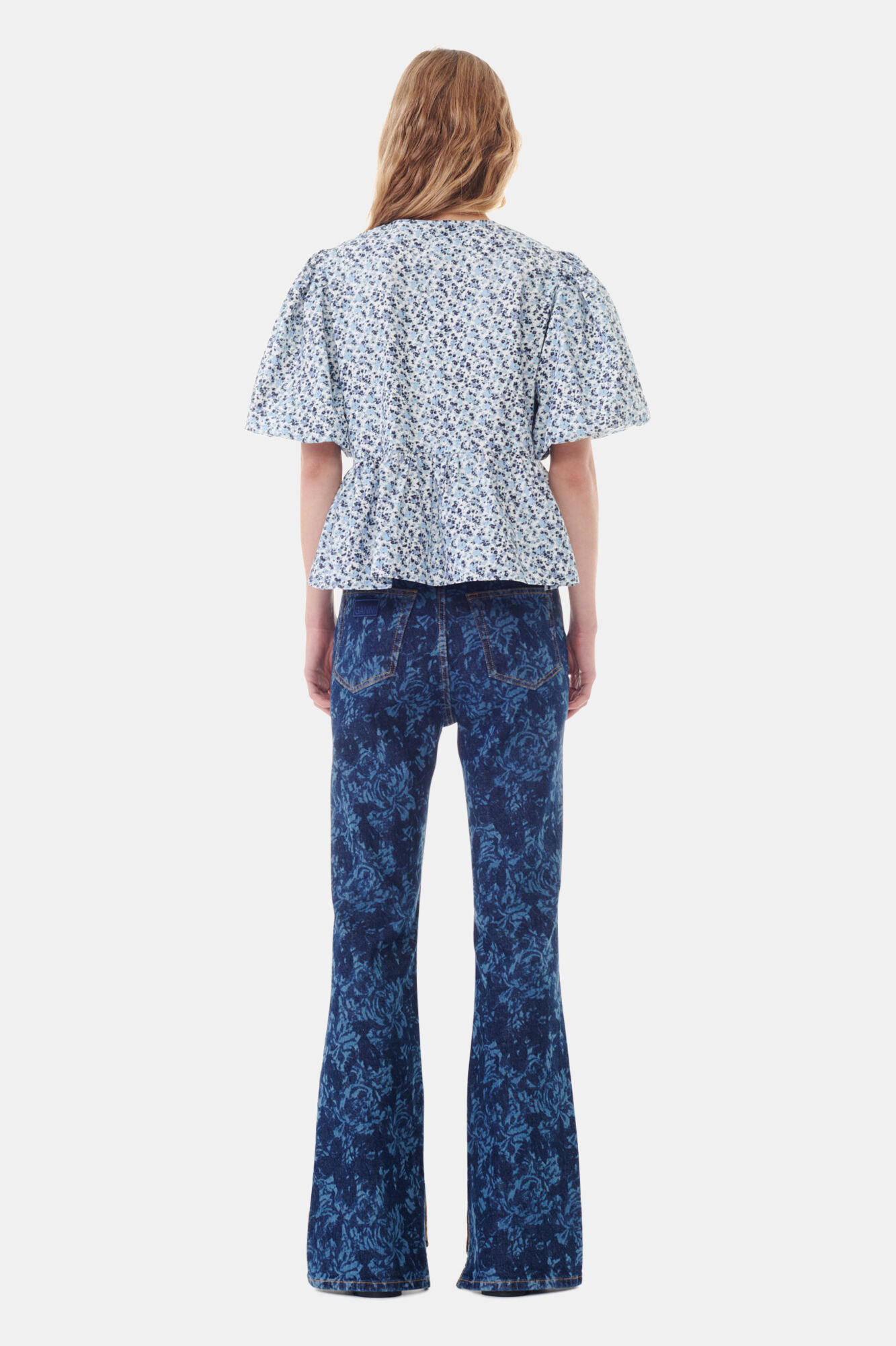 Floral Printed Cotton Poplin Peplum Blouse, Cotton, in colour Glacier Lake - 4 - GANNI