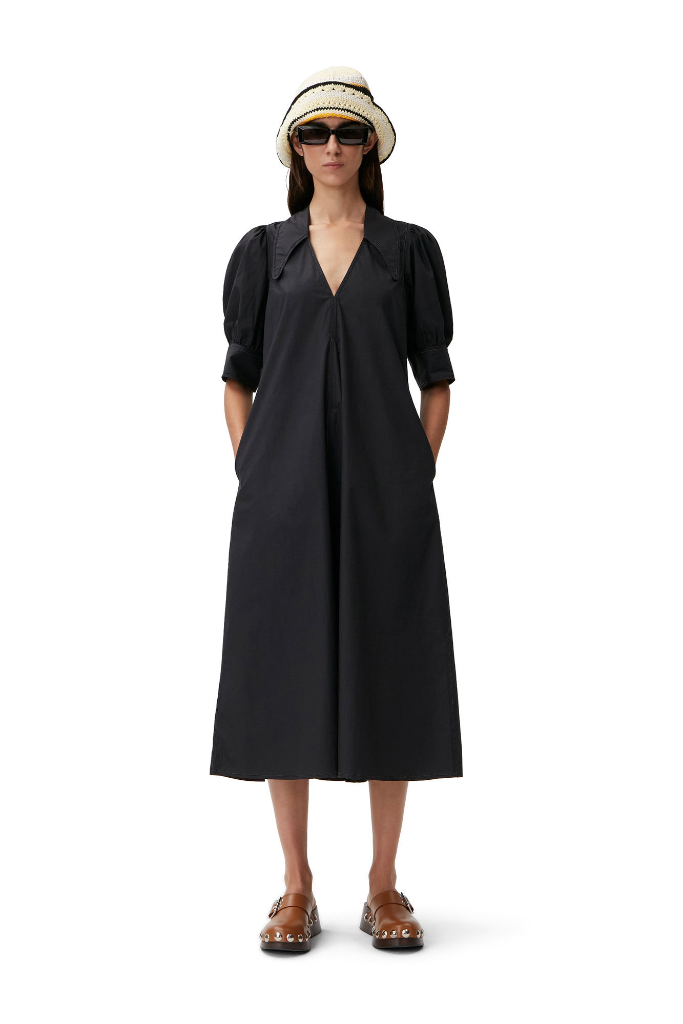Poplin Midi Dress, Cotton, in colour Black - 1 - GANNI
