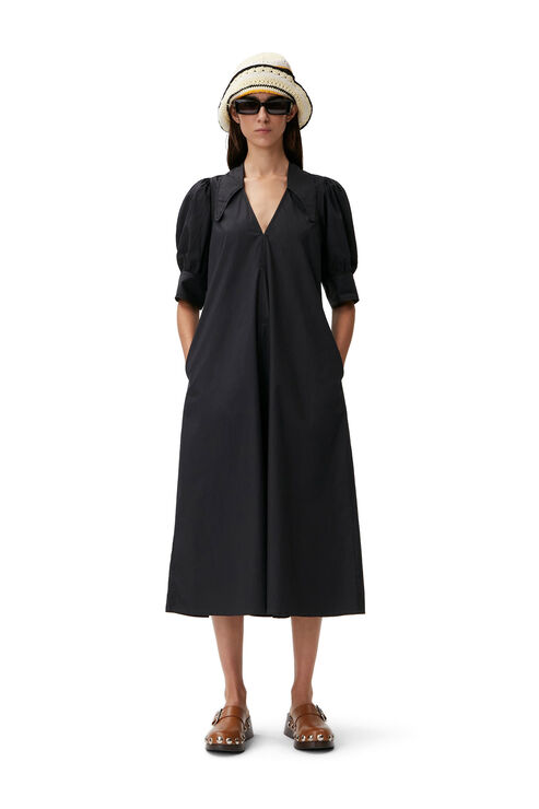 Ganni Poplin Short Sleeve Midi Dress In Black