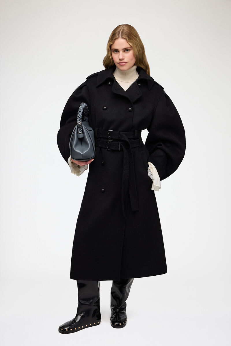 Coat in Double-Faced Wool, Wool, in colour Black - 1 - GANNI
