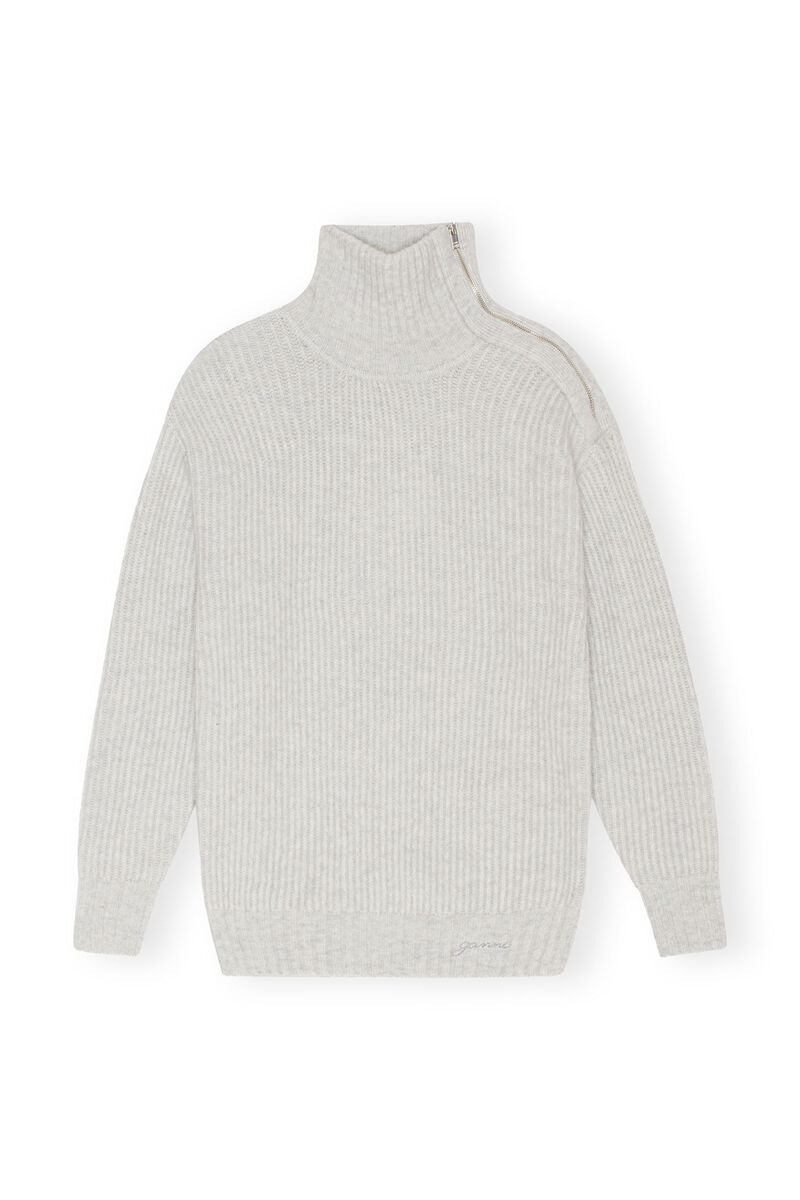 Highneck Zipper Pullover, Alpaca, in colour High Rise - 1 - GANNI