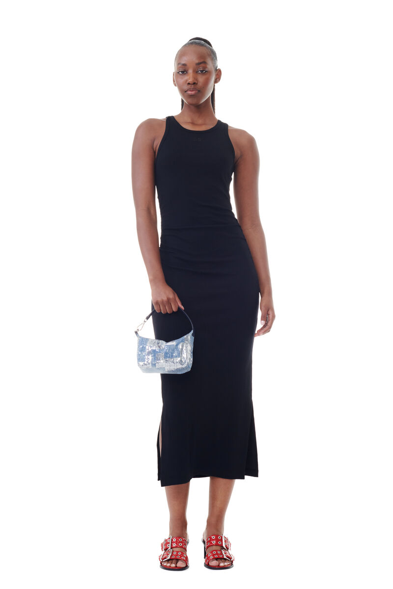 Black Soft Cotton Rib Tank Top Long Dress, Elastane, in colour Black - 1 - GANNI