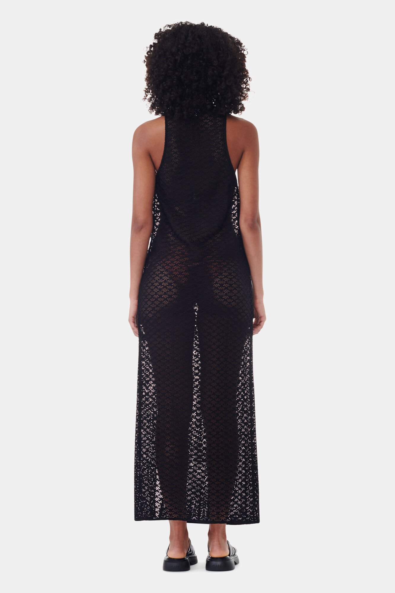 Black Mesh Lace Long Dress, Elastane, in colour Black - 4 - GANNI