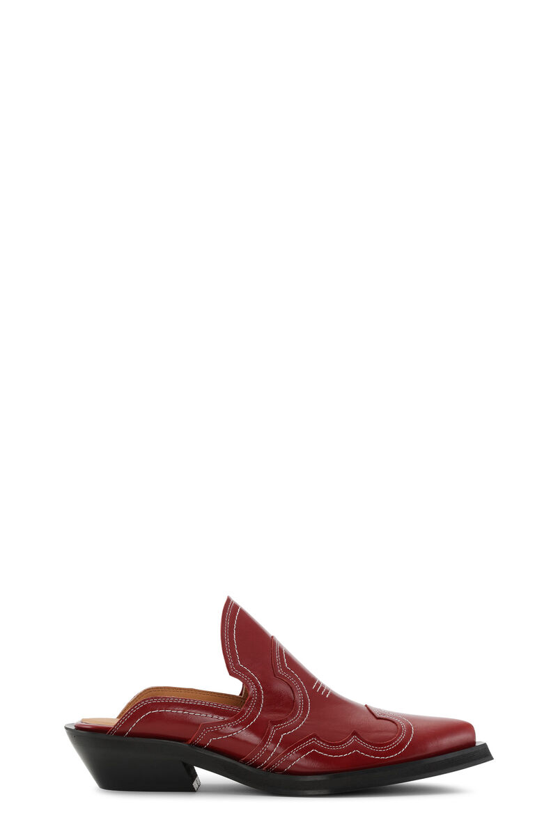 Embroidered Western Mules, Calf Leather, in colour Barbados Cherry - 1 - GANNI