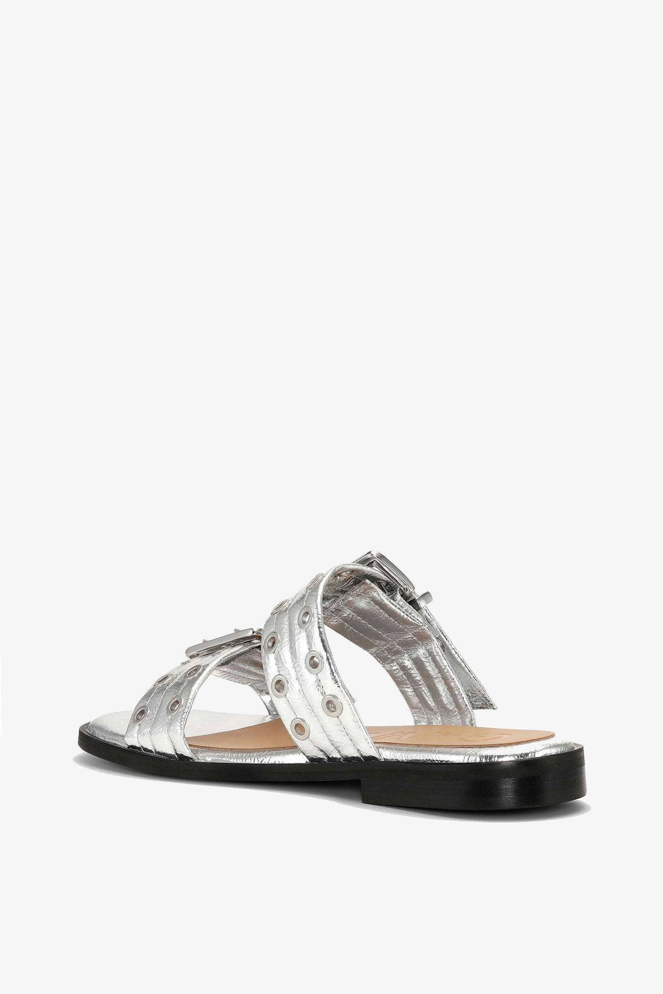 Silver Metallic Feminine Buckle Two-Strap Sandals, Polyurethane, in colour Silver - 3 - GANNI