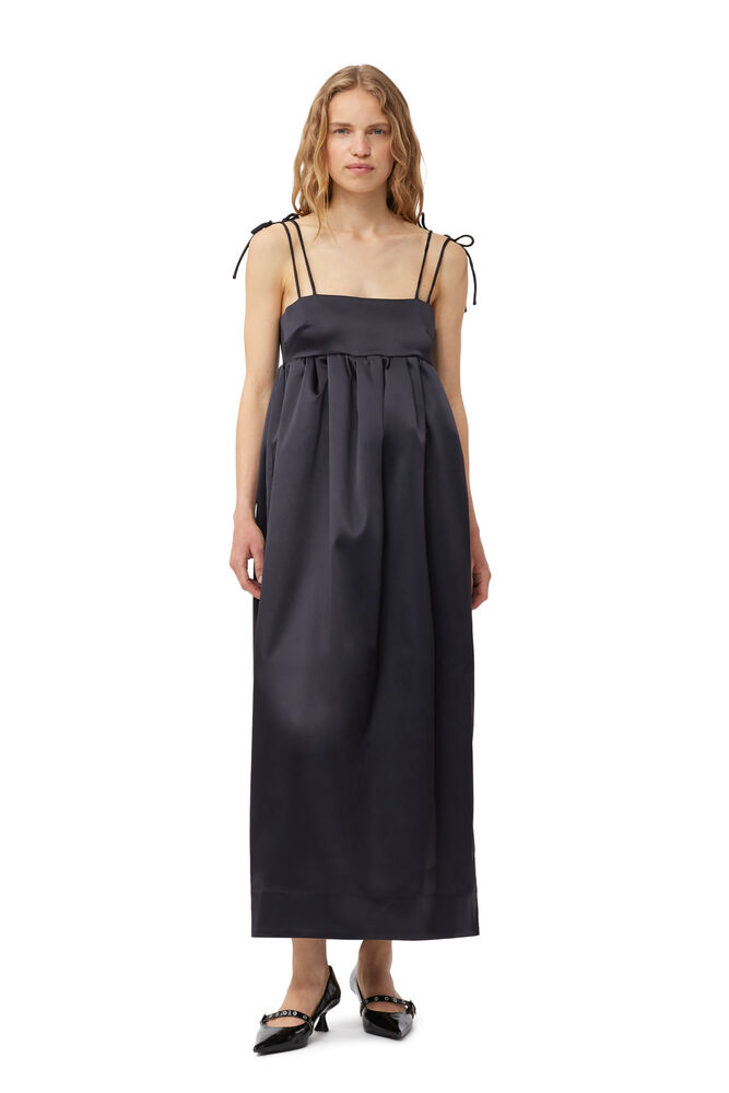 GANNI Black Double Satin String Long Dress