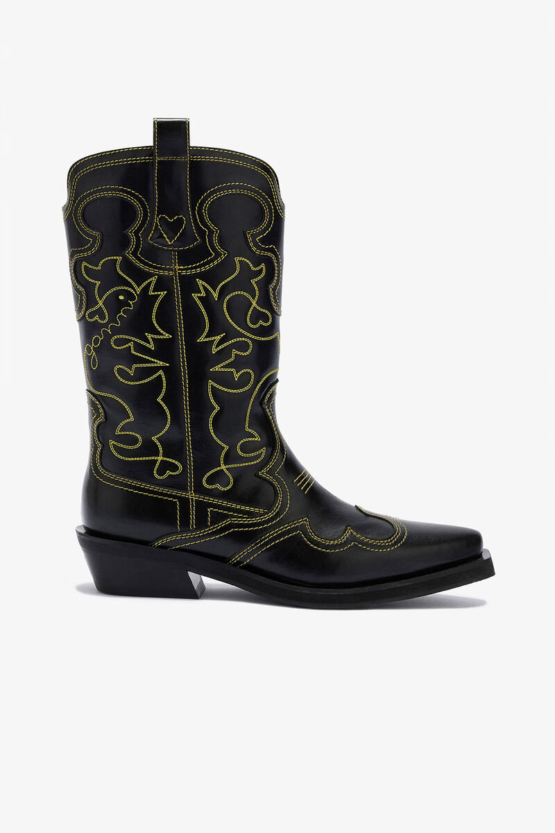 Mid Shaft Embroidered Western Boots, in colour Blazing Yellow - 1 - GANNI