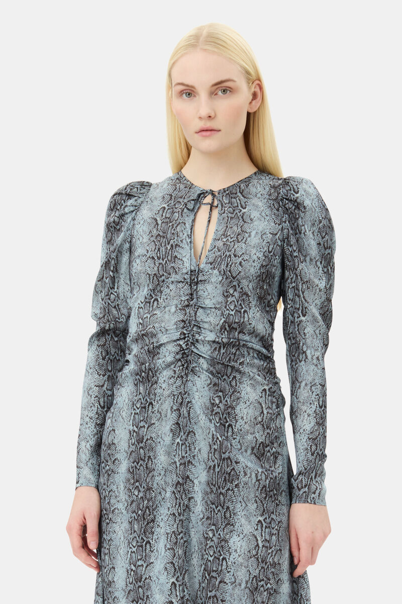 Blue Snake Print Ruched Midi Dress, Spandex, in colour Celestial Blue - 2 - GANNI