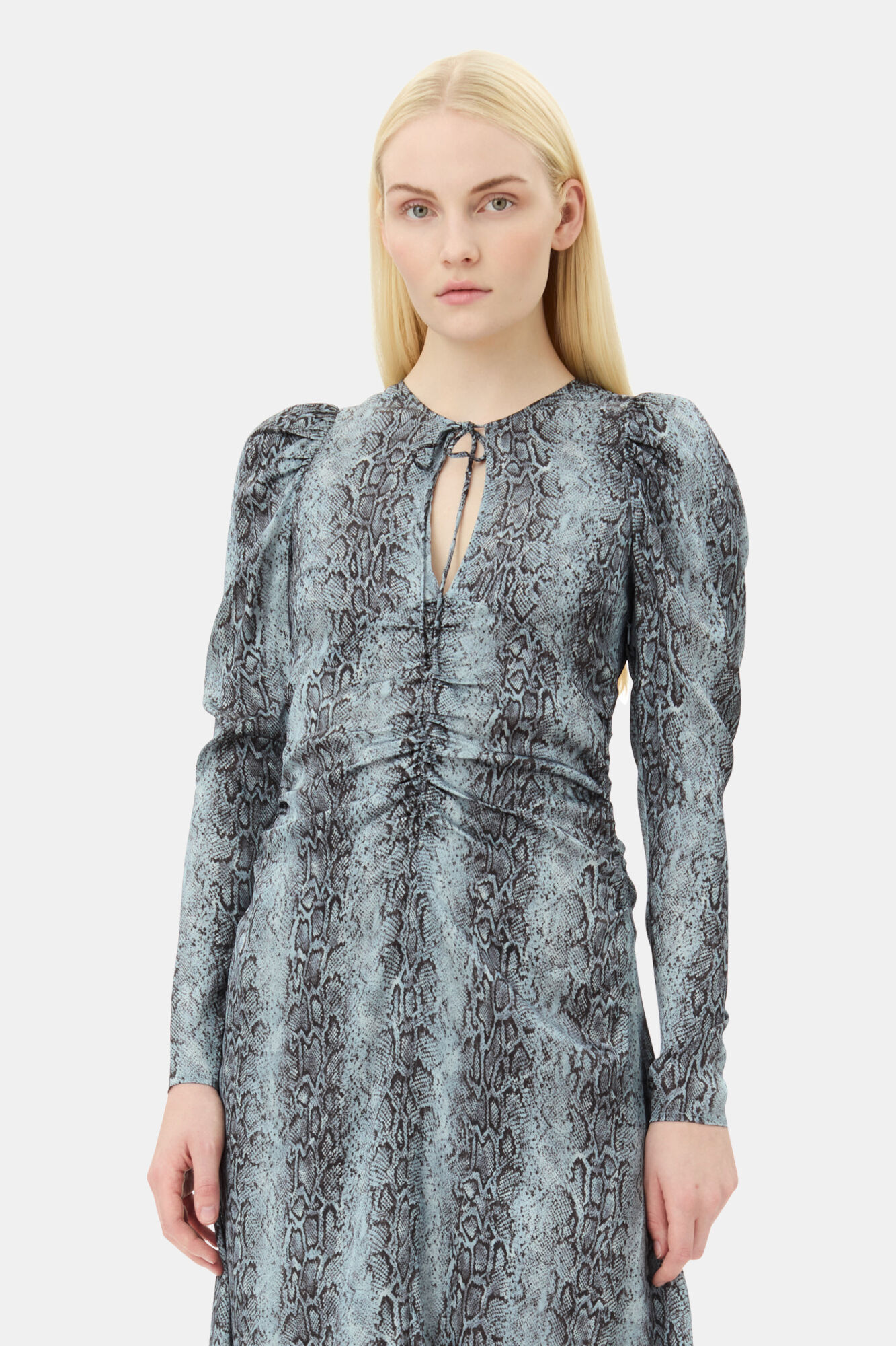 Blue Snake Print Ruched Midi Dress, Spandex, in colour Celestial Blue - 2 - GANNI