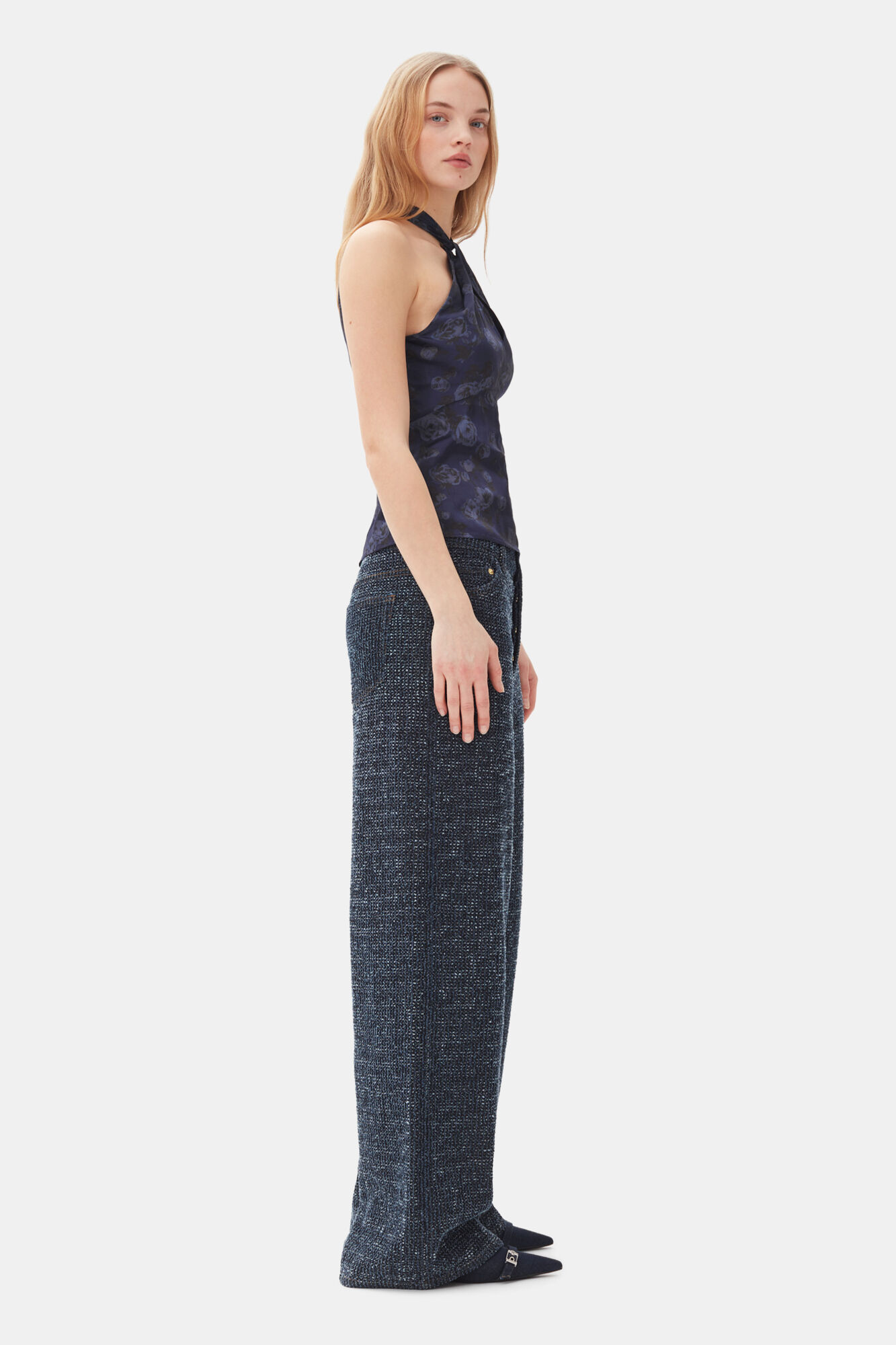 Dark Blue Textured Jeans, Cotton, in colour Rinse - 2 - GANNI
