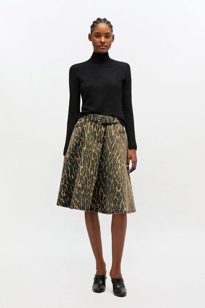 Leopard Denim Wrap Skirt, Khaki